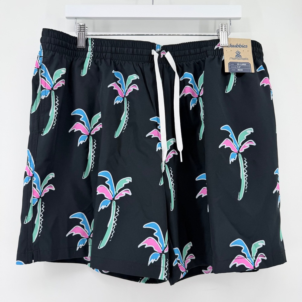 NWT Chubbies Men XXL Swim Trunks Black Havana Nights Neon Palm Tree 5.5" Inseam